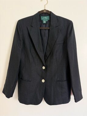 Lauren Ralph Lauren 100% Linen Blazer Black Size 12 Petite
